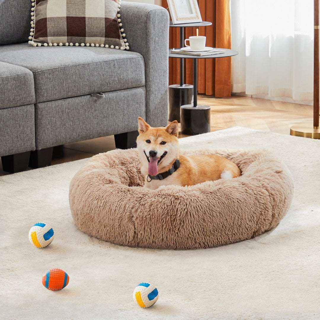 24-Inch Round Plush Cat Bed, Faux Fur Pet Bed with Non-Slip Base
