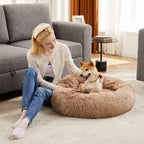 24-Inch Round Plush Cat Bed, Faux Fur Pet Bed with Non-Slip Base
